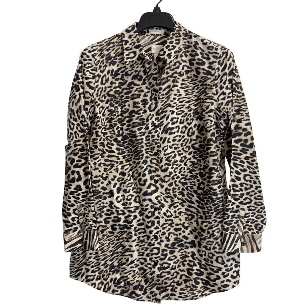 Chicos No Iron Mixed Animal Print Button Down Shirt Size 0 S Leopard Zebra Tan
